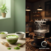 A side-by-side visual comparison between a vibrant, emerald-green ceremonial Matcha latte and a dark roasted coffee.