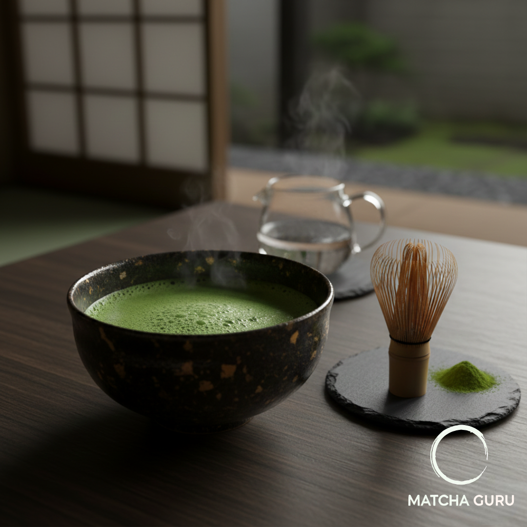 A traditional Japanese tea ceremony setting featuring a handmade ceramic bowl of frothy Grand Tea Ceremony Select matcha, a bamboo whisk (chasen), and a bamboo scoop (chashaku) on a minimalist wooden table, embodying the spirit of Wabi-cha