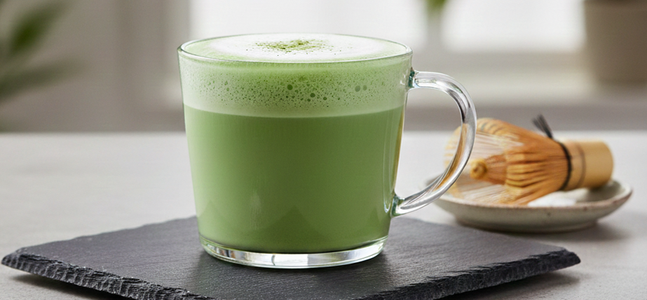 A creamy Matcha Guru oat milk latte in a glass mug with a bamboo whisk and organic matcha powder.