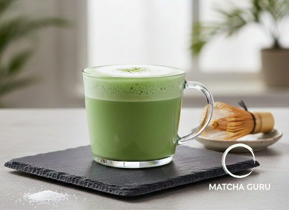 A vibrant, forest-green ceremonial matcha latte in a clear glass, featuring smooth micro-foam art on top, set against a clean, minimalist background