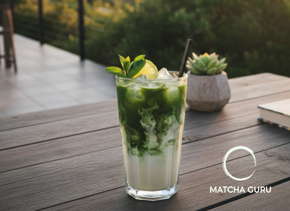 Iced layered matcha latte with mint and lime garnish on an outdoor wooden table during golden hour.