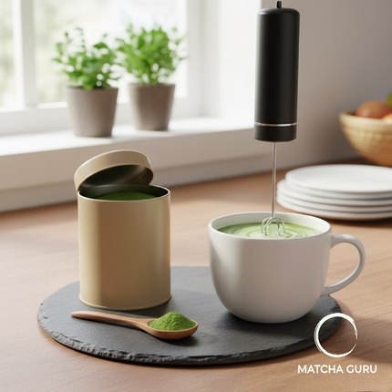 A bright, everyday kitchen scene featuring a vibrant green matcha latte in a ribbed glass with ice, alongside a bowl of fine matcha powder and a bamboo whisk on a light stone countertop, capturing a morning wellness ritual